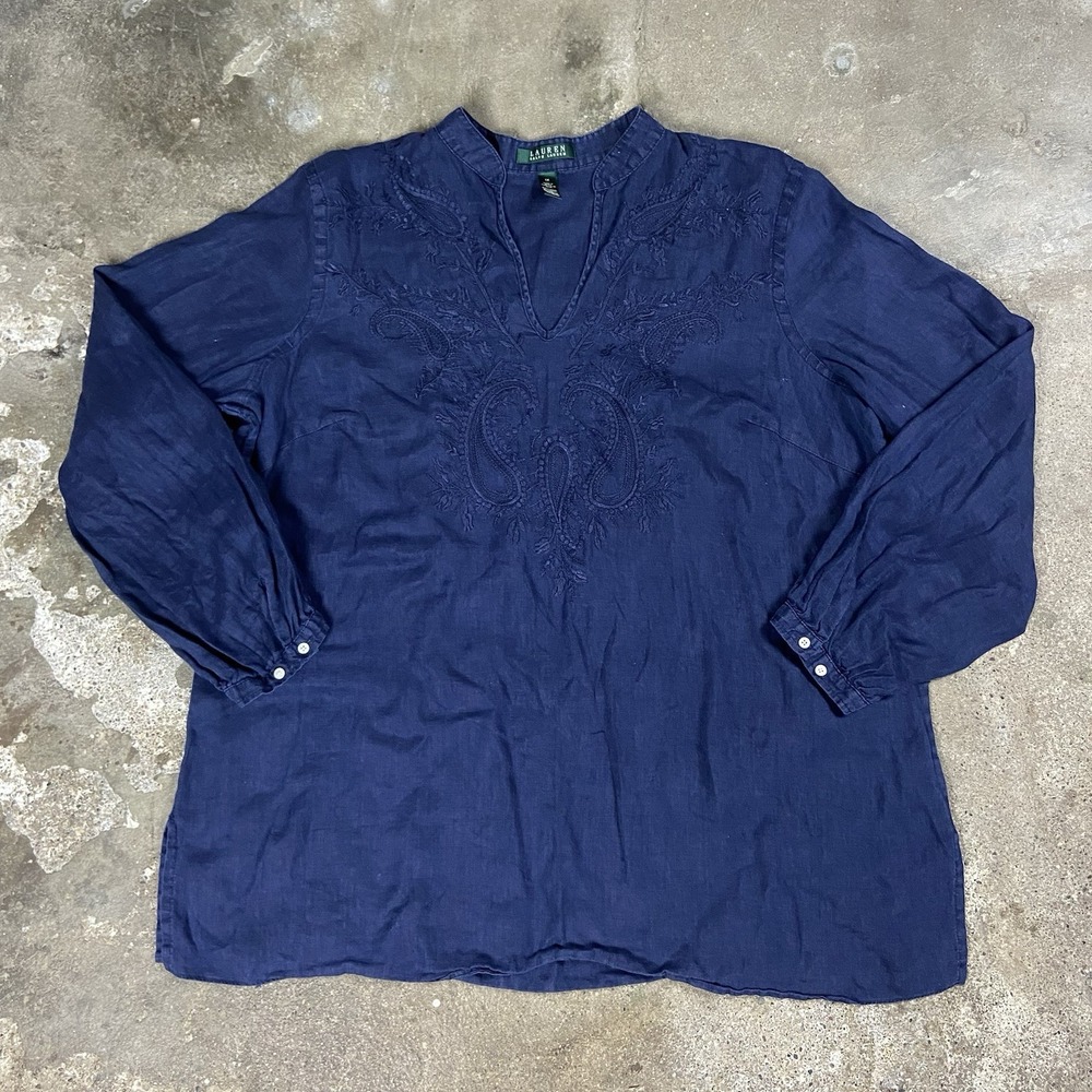 Lauren Ralph Lauren Blouse Women's Size 1X Navy Long Sleeve Embroidered Floral
